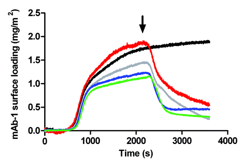 Figure 7. Adsorption of a 0.01 mg/mL solution of mAb-1 to an OTS-coated glass surface (black line), investigated using TIRF, followed by introduction polysorbate (arrow) in histidine buffer pH 5.5 as follows: Tween 20, 0.05 mM (red line) and 1 mM (gray line); Tween 80, 5 µM (blue line) and 1 mM (green line).