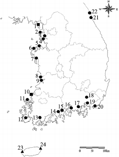 Figure 1. Distribution of black-faced spoonbill (Platalea minor) from 1999 to 2014 in South Korea. 1. Gyeonggi Bay area (Baekryungdo Island, Kujido Islet, Bido Islet, Seokdo Islet, Youdo Islet, Seomando Islet, Sangyeobawee Islet, Kaksiam Islet, Suhaam Islet, Maedo Islet, Namdong retaining basin, and Hwangseodo Islet); 2. Yeongjondo Island; 3. Oido Island; 4. Sihwaho Lake; 5. Asan Bay; 6. Daeho Lake; 7. Kanwolho Lake; 8. Keum River estuary; 9. Mangyeong River; 10. Chilsando Islet; 11. Mooan; 12. Jindo Island; 13. Hyungsan River; 14. Suncheon Bay; 15. Gwangyang Bay; 16. Sacheon Bay; 17. Madongho Lake; 18. Upo Wetland; 19. Junam Reservoir; 20. Nakdong River estuary; 21. Gangneung; 22. Cheongchoho Lake; 23. Yongsu Reservoir; 24. Seongsanpo. ■, breeding site; •, stopover; ▴, wintering site.