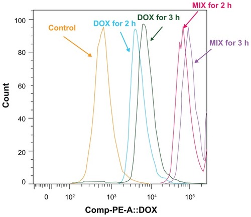 Figure 4 Flow cytometric histograms of A549 spheroid cells incubated with composite doxorubicin-loaded micelles or free doxorubicin with the same doxorubicin densities for 2 hours and 3 hours. DOX for 2 hours, multicellular spheroids incubated in free doxorubicin for 2 hours; DOX for 3 hours, multicellular spheroids incubated in free doxorubicin for 3 hours; MIX for 2 hours, multicellular spheroids incubated in MIX for 2 hours; MIX for 3 hours, multicellular spheroids incubated in MIX for 3 hours.Abbreviations: DOX, free doxorubicin; MIX, composite doxorubicin-loaded micelles.