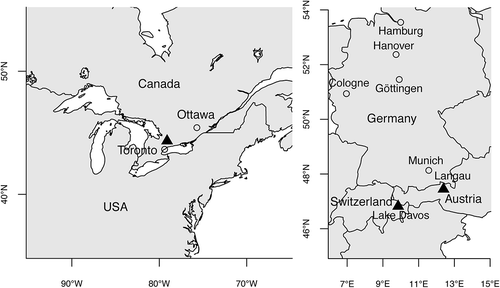 Fig. 1. The three localities (triangles) presently known with red snow-ice caused by Borghiella pascheri: Ontario, Canada (left) and the European Alps in Austria (Langau) and Switzerland (Lake Davos) (right).