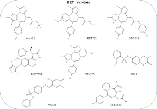 Figure 3. BET bromodomain inhibitor molecules. (+)-JQ1, I-BET762, OTX015, I-BET151, CPI203, PFI-1, MS436, CPI-0610 chemical structures are shown. RVX2135, FT-1101, BAY1238097, INCB054329, TEN-010, GSK2820151, ZEN003694, BAY-299, BMS-986158, ABBV-075, GS-5829, and PLX51107 are BET bromodomain inhibitors that are under clinical trial and whose structure has not been disclosed.