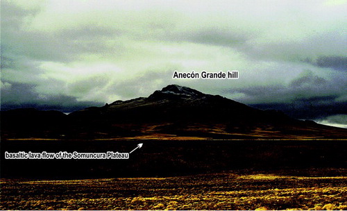 Figure 2. Anecón Grande hill is an eroded strato-volcano, mainly composed of intermediate Tertiary volcanic and pyroclastic rocks. The Somuncura Plateau is represented here by one of its youngest basaltic lava flows, which passes through the paleo-valley of Comallo Creek.