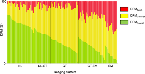 Figure 1 The percentage of three DPM parameters for the five imaging clusters in 131 subjects. Bars show the percentage of DPMNormal (green), DPMGasTrap (yellow), and DPMEmph (red). The number of subjects comprised 32, 20, 33, 32, and 14 in the NL, NL-GT, GT, GT-EM, and EM clusters, respectively.