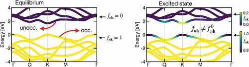 Figure 3. Electron distribution function fnk superimposed to the band structure of monolayer MoS2. Energies are relative to the Fermi level. At equilibrium (left), bands are occupied according to the Fermi-Dirac statistics (EquationEq. (12)(12) fnk0(T)=e(εnk−εF)/kBT+1−1 ,(12) ). Adapted from Ref [Citation144].