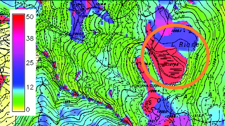 Figure10. Identification of Lake Riane (indicated by the red circle) in the half-time discharge map relative to the analysed rainfall event occurred during November 2007. The high values (in days) of half-time discharge enhance the high time necessary to the reservoirs to halve its volume of water in the absence of supply.