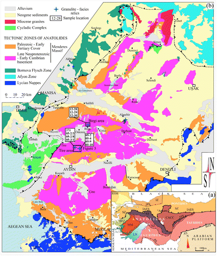 Figure 2. (a) Tectonic map of Turkey showing the major terranes and bounding sutures. The filled triangles indicate the polarity of subduction (modified after Okay & Tüysüz, Citation1999; Candan et al., Citation2005; Pourteau et al., Citation2013). Unit abbreviations are the following: AS: Assyrian Suture; AZ: Afyon Zone; BFZ: Bornova Flysch Zone; BZS: Bitlis-Zagros Suture; CACC: Central Anatolian Crystalline Complex; CM: Cycladic Massif; D-Z-I: Damara-Zambezi-Irumide Orogen; IPS: Intra-Pontide Suture; ITS: Inner-Tauride Suture; İZ: İstanbul Zone; İAES: İzmir-Ankara-Erzincan Suture; LN: Lycian Nappes; MM: Menderes Massif; PS: Pamphylian Suture; RSM: Rhodope-Strandja Massif; SZ: Sakarya Zone. (Okay & Tuysuz, Citation1999); (b) Simplified geological map of the Menderes Massif and distribution of granulite facies relics in late Neoproterozoic–early Cambrian basement.