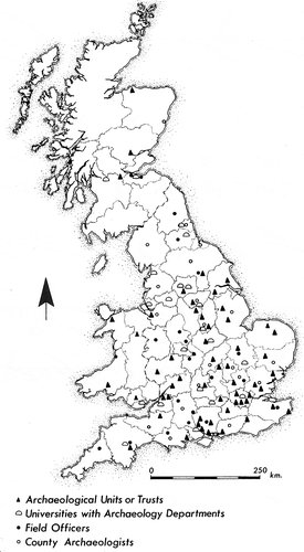 Figure 3. A diagram taken from Barri Jones Past Imperfect (1984) illustrating the distribution of archaeological units, departments and officers across the UK in 1976.Copyright: Jones, Barri, 1984. Past Imperfect.