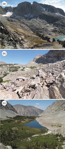 Figure 2. Examples of rock-glacier morphology types mapped in the Great Basin. (a) Cirque rock glacier (RGC); (b) crest-headwall rock glacier (TALC); (c) valley wall rock glacier (TALV; protalus rampart).