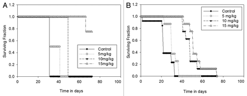 Figure 5 Treatment of mice with Dt at the MTD (i.v. Q7D × 4 with 15 mg/kg). Mice inoculated with LCC6WT-Luc cells i.p. (A) or i.c. (B) (see Materials and Methods) were treated i.v. with 5, 10 or 15 mg/kg of Dt once a week for four weeks. Survival curves were generated based on the time when animals needed to be terminated due to overall health status. If animals were terminated due to health status the following day was recorded as the time of death. Results were obtained using at least five mice per treatment group. Log rank statistical analysis of data indicated p < 0.001, for both the i.c. and i.p. models.