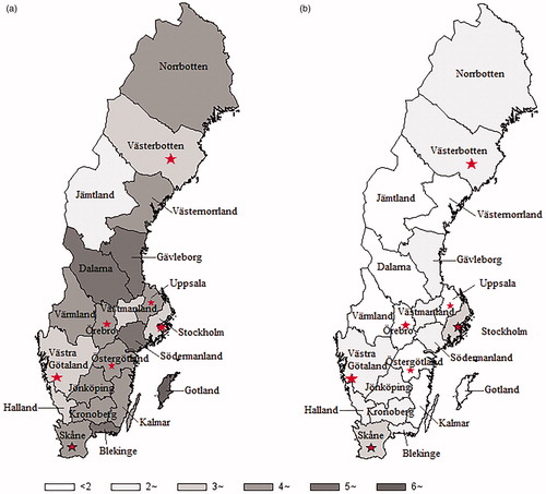 Figure 2. County-specific age-standardised incidence rate (per 100,000 person-years) of (a) oesophageal adenocarcinoma and (b) oesophageal squamous cell carcinoma in men in Sweden in 2002–2016. The stars indicate the locations of the specialised upper gastrointestinal oncology units.