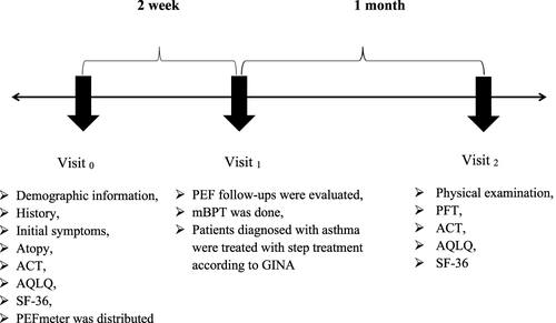 Figure 1 Material and method: Demographic characteristics, physical examinations, pulmonary function tests, asthma control tests, quality of life questionnaires were performed at the first application of the participants (Visit 0) who consented to participate in the study. PEF meters were provided to each of them, and their usage was explained. A chart was given to the participants for follow-up standardization. They were asked to perform PEF follow-up for 2 weeks. After 2 weeks, the participants were given mBPT appointments (Visit 1). According to the patients whose results were evaluated, treatment was started according to the recommendations of the GINA guideline. They were called for control after 1 month (Visit 2). Physical examination, pulmonary function tests, quality of life questionnaires, and asthma control tests were renewed and recorded.