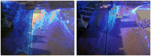 Figure 3. Visual analysis indicating movement paths: (left) without floor vinyl, 9–11 am Tuesday 3 April; (right) with floor vinyl in place, 9–11am Friday 20 April.