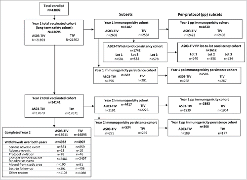 Figure 1. Participant flow chart. Note: AS03, tocopherol, oil-in-water emulsion-based Adjuvant System; CI, confidence intervals; TIV, inactivated trivalent influenza vaccine; Year 1, 2008/09; Year 2, 2009/10.