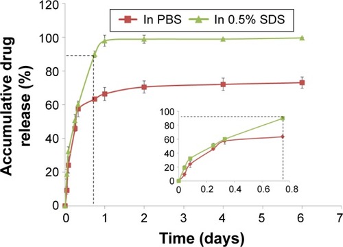 Figure 7 Drug release profiles in different release media.Notes: The cumulative amount of DEX released from DEX-loaded CNT/SF-nHA/PA66 scaffolds in dialysis bags (3,000 MW) contained a release medium consisting of either PBS (pH 7.4) or 0.5% SDS in PBS. Inset shows magnified area identified by the dotted lines. The results obtained from three data values are presented as mean ± standard deviation, n=3.Abbreviations: CNT, carbon nanotube; DEX, dexamethasone; nHA, nano-hydroxyapatite; PA66, polyamide 66; PBS, phosphate-buffered saline; SDS, sodium dodecyl sulfate; SF, silk fibroin.