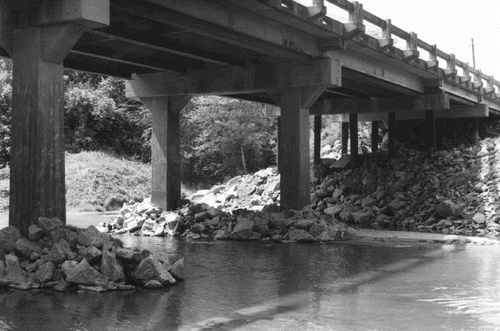 Figure 1. Riprap mounded around two bridge piers to prevent scour.