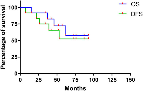 Figure 3 The Kaplan-Meier survival curve for overall survival (OS) and event-free survival (EFS) rates of 12 pelvic osteosarcoma patients treated with the CAI + MSC + S protocol.