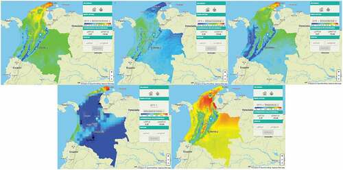 Figure 5. Available maps (from left to right and top to bottom): GHI, DHI, DNI, wind Speed, and temperature.