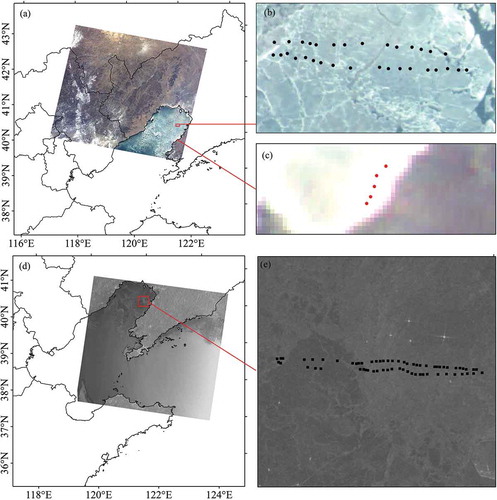 Figure 2. Images from HJ-1B CCD and ENVSAT ASAR. (a) HJ-1B CCD image (R:3, G:2, B:1), 2% of the linear stretch. (b) 35 samples of level ice on the sea. (c) 5 samples of level ice near the coast. (d) ENVSAT ASAR image, 2% of the linear stretch. (e) 65 samples of rough ice.