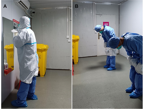 Figure 1 The third-party personnel take off the protective clothing. (A) Using the traditional supervision and management methods; (B) Using the new supervision and management methods.