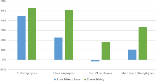 Figure 4. Probability of altering labour or freezing hiring as a result of an increase in uncertainty depending on the size of the firm.