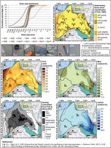 Figure 1. Grain-size and sediment characteristics in the Bay of Somme, in 2013. Maps of the facies distribution (classification of CitationFolk, Citation1965), the fine sand, mud and CaCO3 contents, and the sorting parameter (phi) (CitationFolk & Ward, Citation1957), with the sediment zones presented on the Main map (S1–S3 zones). Grain-size curves (cumulative percentage, AFNOR norm) and photos for 14 characteristic samples.