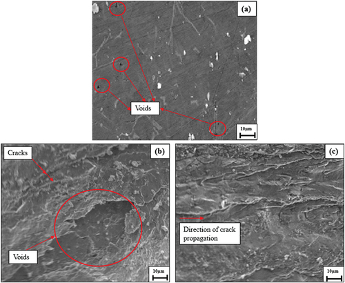 Figure 10. Cross-sectional microstructural area of (a) unnotched AL, (b) fractured surfaces of notched AL and (c) fractured surfaces of notched ALSA.