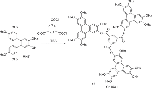 Scheme 3. The synthesis of triphenylene ester triad 16 (Hx = n-hexyl).