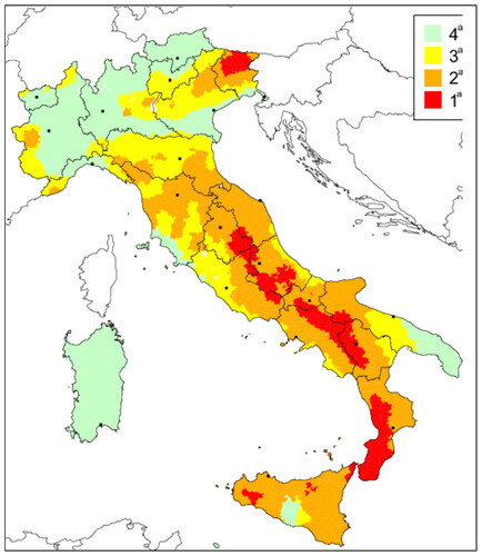Figure 1. Zones (from 1 to 4) of Italy based on seismic hazard. PGA with probability of exceeding 10% in 50 years.