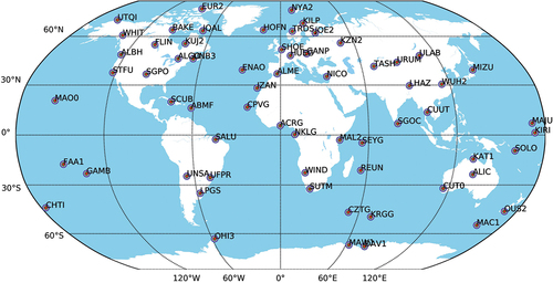 Figure 2. Monitoring station network with 70 globally distributed real-time stations.