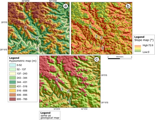 Figure 1. (a) Hypsometric map of classified altitudes, in intervals of 52 meters; (b) Slope map, that highlights 4 plateaus, indicated also in the geological sections; (c) Resulting geological map, after comparing geomorphologic patterns to geochemical and field data, besides integrating semi- to detailed maps within the area.