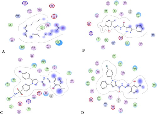 Figure 11. Mode of binding (2D) of Arachidonic acid (A), 4a (B), 8b (C), and 8g (D) inside the active site of 5-LOX.