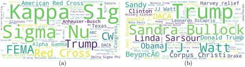 Figure 8. Most frequent entity mentions in the ‘donation and volunteering’ category for Hurricane Harvey. (a) Organisation and (b) person.