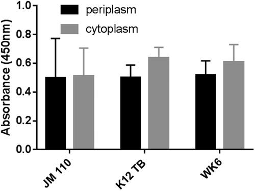 Figure 4. Expression variations using different strains of E. coli. Three E. coli strains were transformed with pMES4-ALNb18 and grown on agar plate to be tested for ALNb18 expression. Nanobody reactivity in periplasmic and cytoplasmic (inclusion bodies) lysates (diluted 1:100 in 1 × blocking buffer), from three individual colonies for each strain, was tested by ELISA as described in Figure 1.