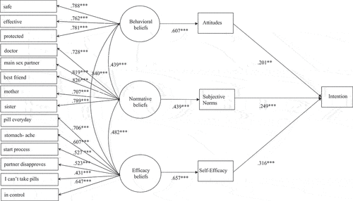 Figure 2. Structural equation model of the psychosocial determinants of PrEP uptake intention.