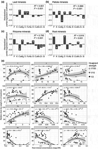 Figure 7. Relationship between tissue mineral concentrations and shoot dry weight in wasabi plants under hydroponics.