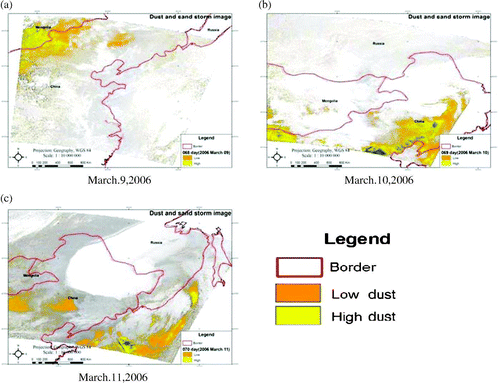 Figure 3.  Dust and sand storm images derived from BTDI approach using MODIS data.