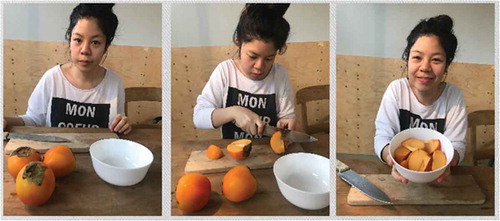 Figure 3. An example stimulus item of the comprehension test. The action is “chop fruit”. The three contrasting time frames are (from left to right); future ‘She jaa chop fruit (She will chop fruit), present “She kamlang chop fruit (She is chopping fruit)”, and past “She chop fruit leaw (She chopped fruit)”