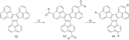 Scheme 3. Synthesis of decacyclene derivatives: (i) RCOCl/AlCl3/ClCH2CH2Cl/reflux, 38%; (ii) NH2NH2.H2O/KOH/reflux, 50%.