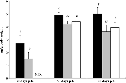 Figure 2.  Whole-body cortisol levels in larvae and juveniles, measured at different growth phases, 30, 50 and 70 days post hatching (p.h.); group C (control, black bars), group A (early treatment, grey bars), group B (later treatment, white bars). Bars with different superscripts are significantly different (p < 0.05, ANOVA) when compared at 30, 50, 70 days p.h. ND, not determined.