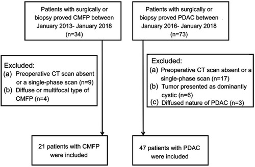 Figure 1 Flow diagram showing inclusion and exclusion criteria of the study population.Abbreviations: CT, computed tomography; CMFP, chronic mass-forming pancreatitis; PDAC, pancreatic ductal adenocarcinoma.