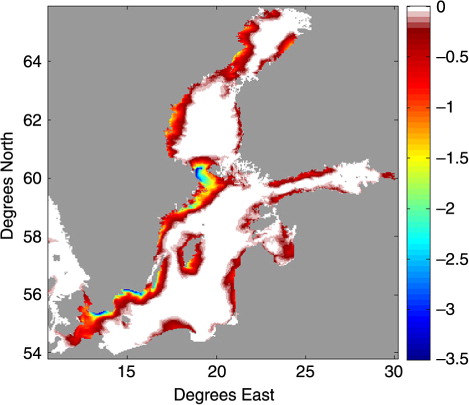 Fig. 6 The mean summer (June–September) sea-surface temperature (°C) difference (no-upwelling–upwelling) between the standard model SST and the model SST which has had the upwelling signature removed at every output time.