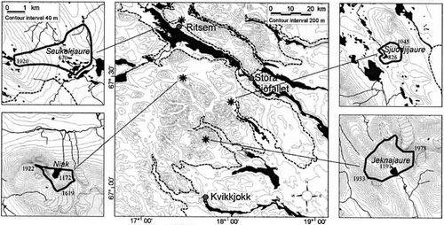 FIGURE 1. Map showing the study area and the four study lakes: Jeknajaure, Niak, Sjuodjijaure, and Seukokjaure. The line on the overview map indicates the birch forest limit. The lines on the small maps indicate the drainage areas for the lakes; shaded areas are glaciers