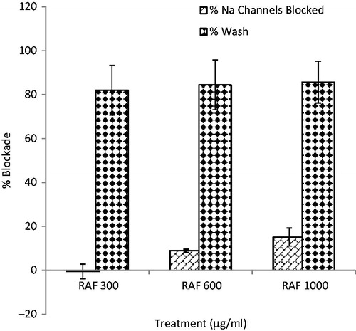 Figure 7. Effect of RAF (6, 12, and 20 μg/ml) on sodium (NaV 1.6) channels blockade at holding potential (VH) of −60 mV using human embryonic kidney cells (HEK cells 293) in electrophysiological studies. n = 5.