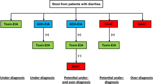 Fig. 1 Test algorithms for the diagnosis of Clostridium difficile infection.EIA enzyme immunoassay, GDH glutamate dehydrogenase, NAAT nucleic acid amplification test, (+) positive, (−) negative