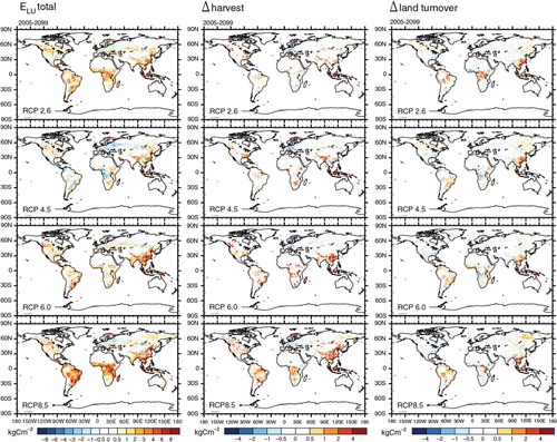 Fig. 6 Spatial distribution of cumulative future (RCPs) land use change (LUC) emissions and its components. Left: Total (gross, incl. wood harvest) cumulative LUC emissions in kgC/m2 middle: Cumulative emissions due to wood harvest. Right: Effect of land turnover (including the introduction of secondary land) as the difference between the run with gross land use (LU) transitions and a run with net LU transitions; both runs do not consider wood harvest. Note the different colour scales in the panels.