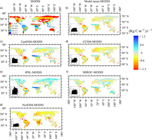 Fig. 4 Spatial pattern of net primary production (NPP, kg C m−2 yr−1) estimated from MODIS and the difference between five models and MODIS (modelled time: 1995–2005).