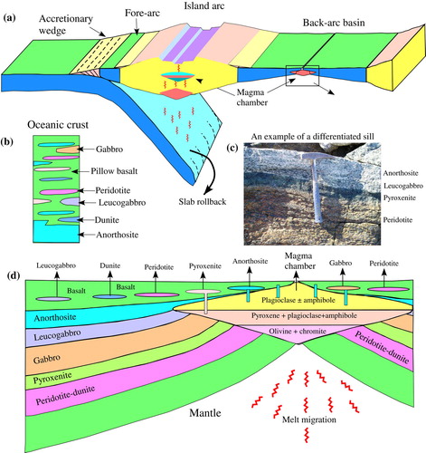 Figure 7. Simplified geodynamic model for the origin of Archaean anorthosite-bearing layered intrusions (modified from Polat et al., Citation2008). (c) shows an example of mineralogically stratified sill, representing a small version of Archaean magma chambers.