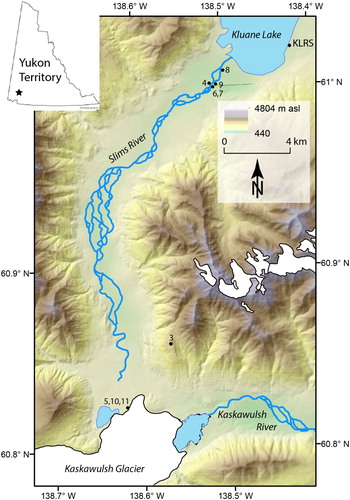 Figure 1. Location map of study area in southwest Yukon. Numbered dots refer to locations of historic photos (Figure 3) and Boundary installation photos (Figures 4–11).