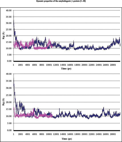 Figure 1 Dynamics behavior of the radii of gyration (Rg) of Aβ40 during MD simulations performed for (A and B) initial structures at both considered pHs. Notes: Plots of the radii of gyration calculated (in Angstrom) for backbone atoms (Cα, C, N) of Aβ40 at pH 8 and pH 3 are shown in the upper and lower parts of the figure, correspondingly. Colored curves correspond to the A (magenta) and B (blue) initial structures (see Methods).