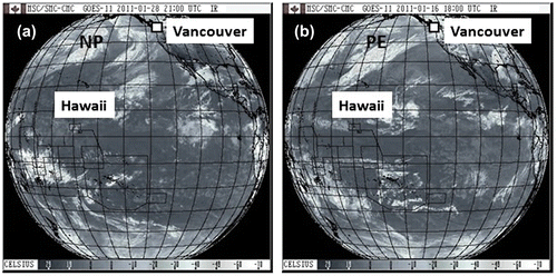 Figure 1. GOES-West Infrared satellite images of typical storm types affecting the western coast of North America in the winter season. Locations of Hawaii and Vancouver have been identified for (a) a typical winter storm (NP) from 28 January 2011, with a moisture source in the subarctic North Pacific. Precipitation for this storm had an oxygen isotope ratio of –9.1‰ (V-SMOW) in Vancouver. (b) Classic PE storm (PE) with a subtropical moisture source and characteristic atmospheric river form which occurred on 16 January 2011. Precipitation from this storm had an oxygen isotope ratio of –6.9‰ (V-SMOW). Images were retrieved from Environment Canada’s Weather Office (Citation2011) (January 16, 2011 and January 28, 2011).